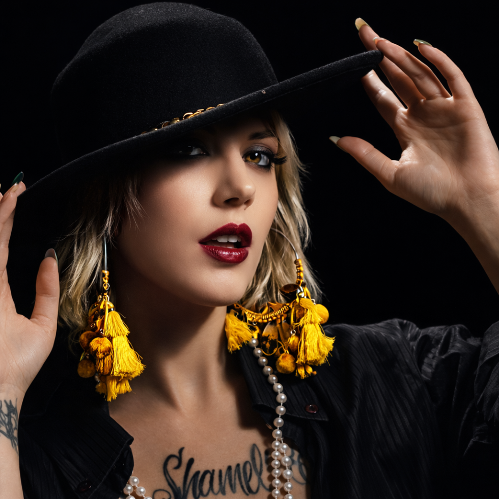 Rossana, modelo italiana, retrato artístico en clave baja con juego expresivo de manos y luz dramática sobre fondo negro.